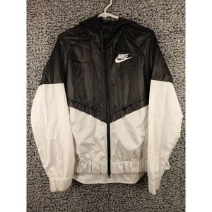 Nike Jacket Womens Small Black White Swoosh Zip Rain Shell Coat‎ Windbreaker Y2K